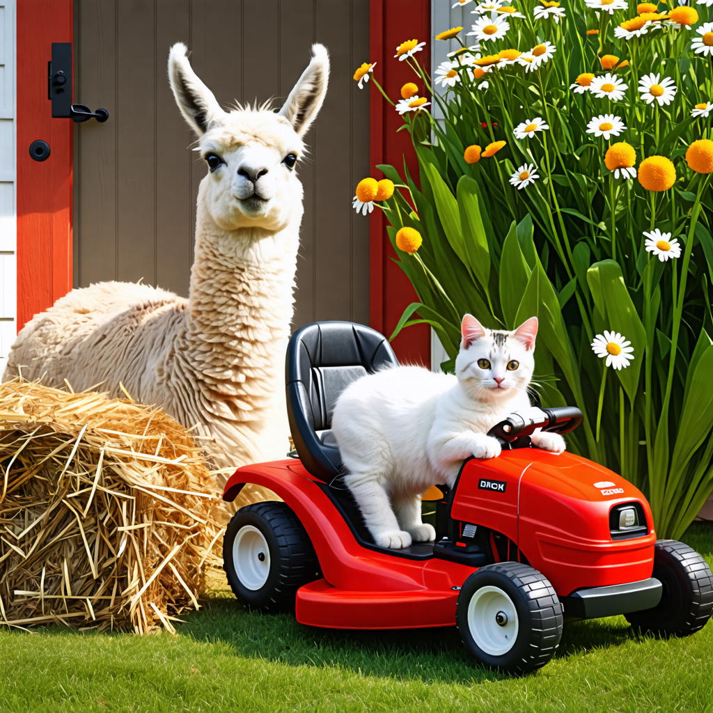 daisy, llama, kitten, lawn mower, hay, door, ghost, cat, kayak, cushion